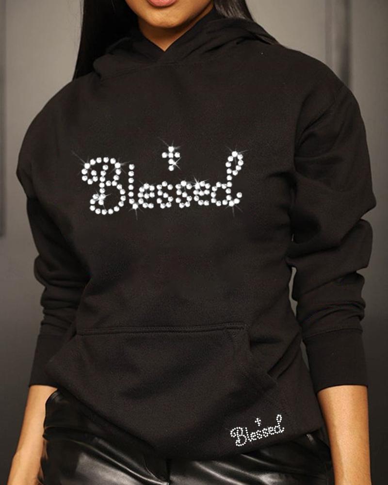 

Rhinestone Letter Pattern Long Sleeve Hoodie, Black