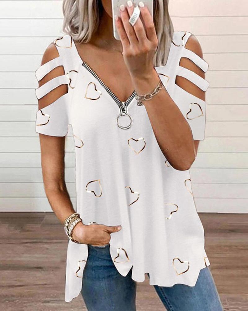 

Heart Print Ladder Cutout Cold Shoulder Top, White