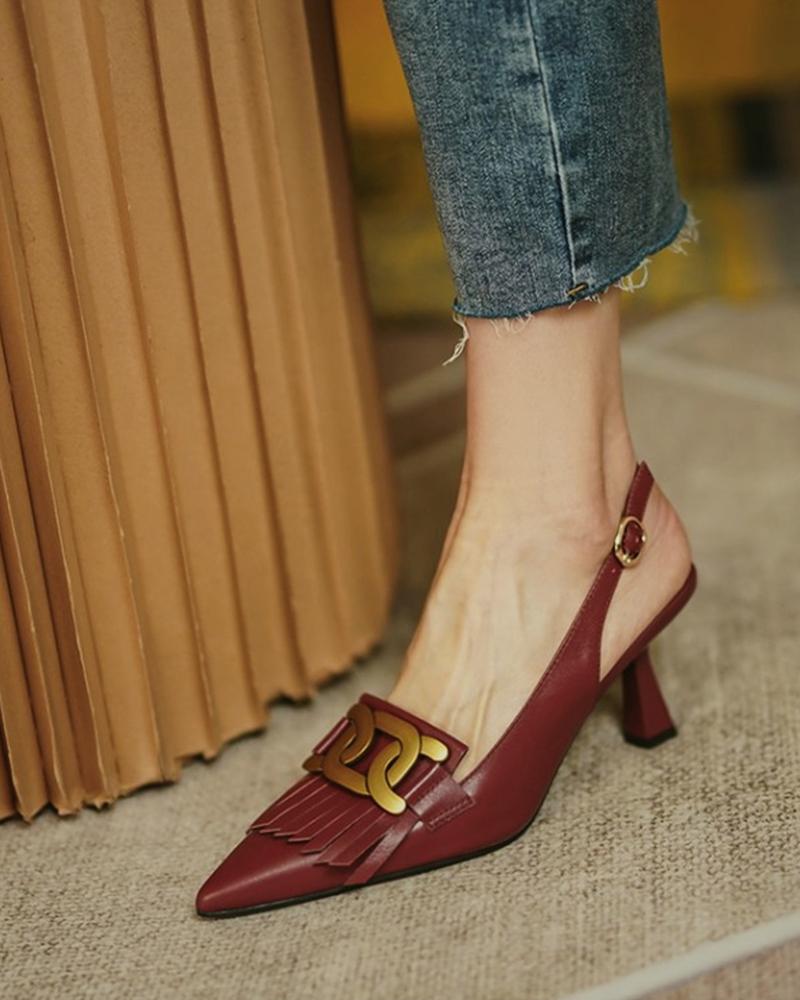 

Pointed-toe Solid Color Splicing Tassel Buckles PU Leather High Heels, Wine red