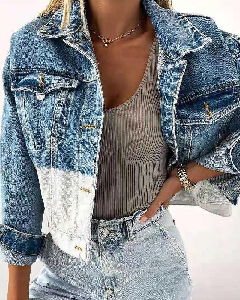

Colorblock Button Pocket Design Denim Coat, Blue