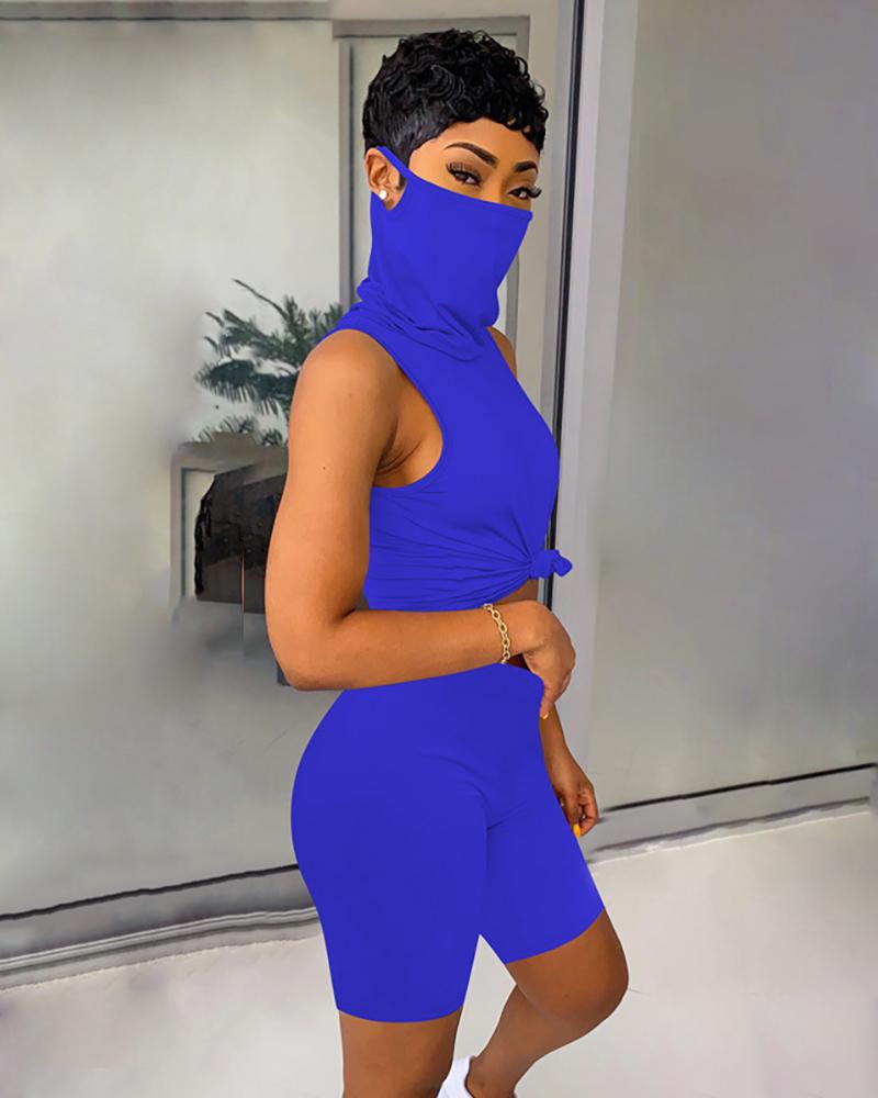 

Solid Sleeveless Casual Top & Shorts Set, Dark blue