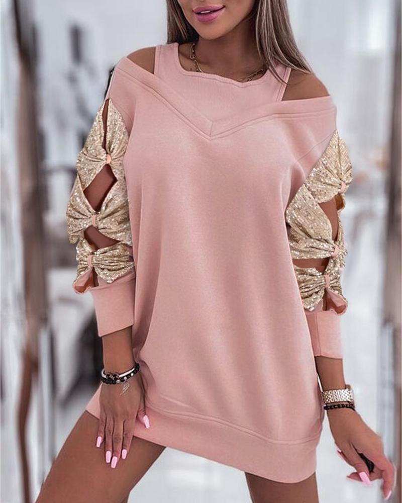 

Bowknot Design Contrast Sequin Sweatshirt Dress, Pink