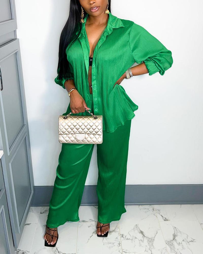 

Long Sleeve Button Down Shirt & Pants Set, Green