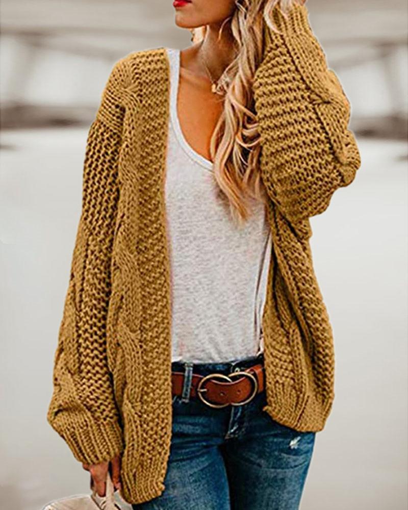 

Braided Knit Long Sleeve Cardigan, Yellow