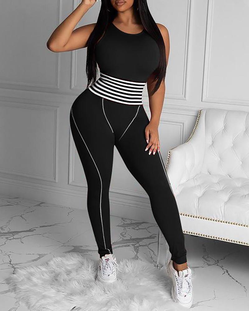 

Striped Contrast Piping Colorblock Sleeveless Skinny Jumpsuit, Black
