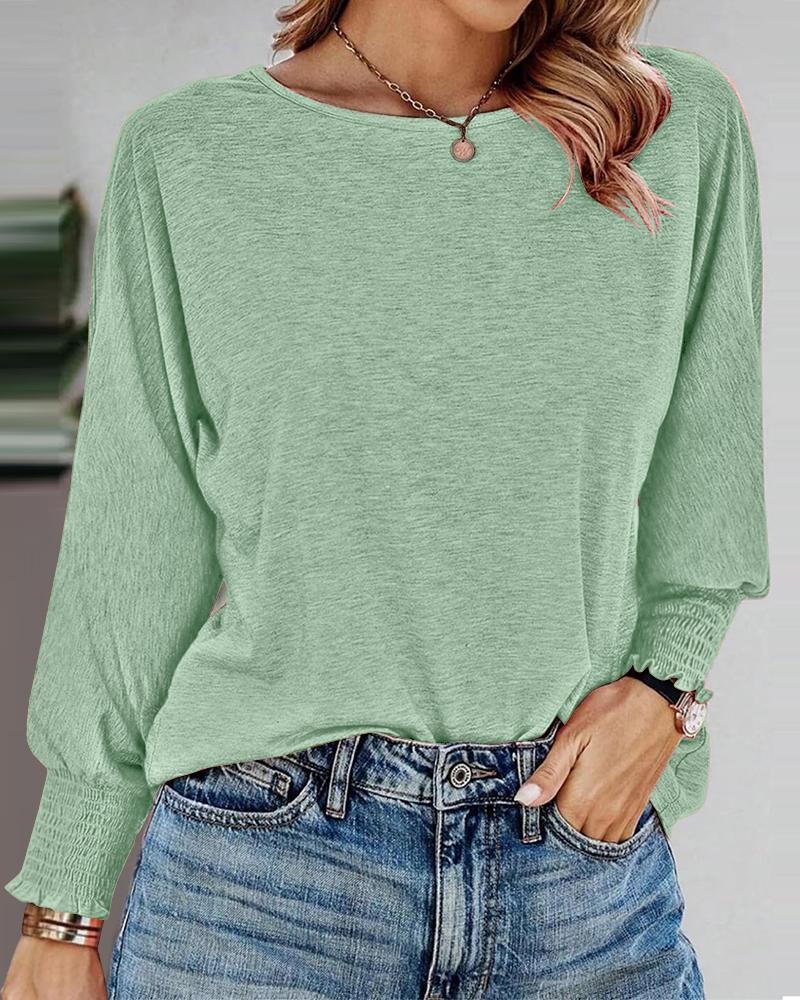 

Round Neck Shirred Lantern Sleeve Long Sleeve Softy Basic T-Shirt Casual Tee, Green