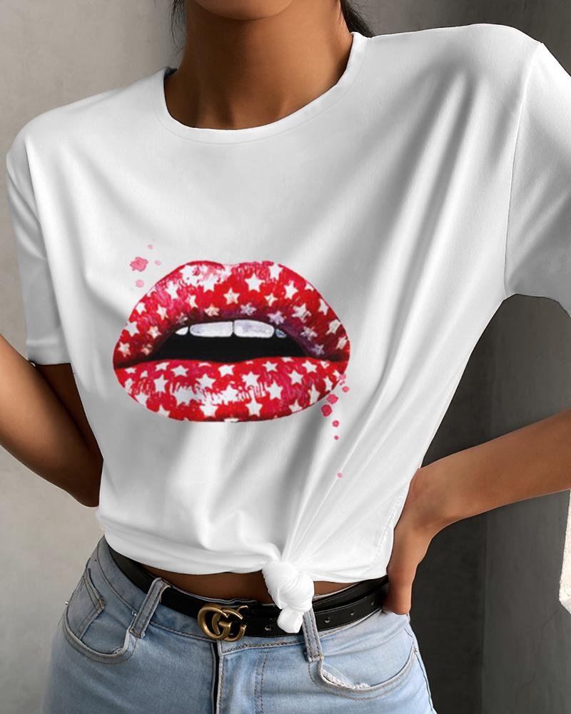 

Lip Star Print Round Neck Casual T-shirt, White