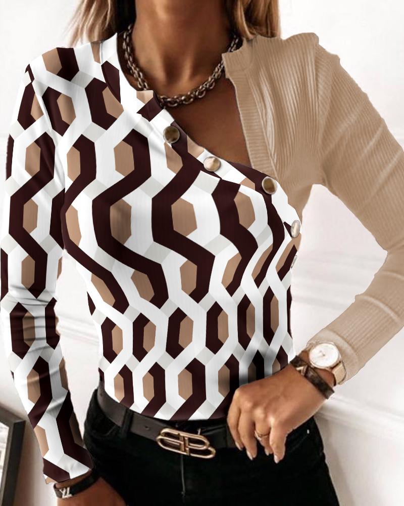 

Geometric Print Patchwork Long Sleeve Top, Khaki