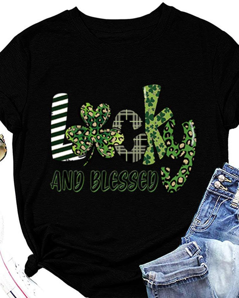 

St. Patrick' Day Letter Clover Print Casual T-shirt, Black