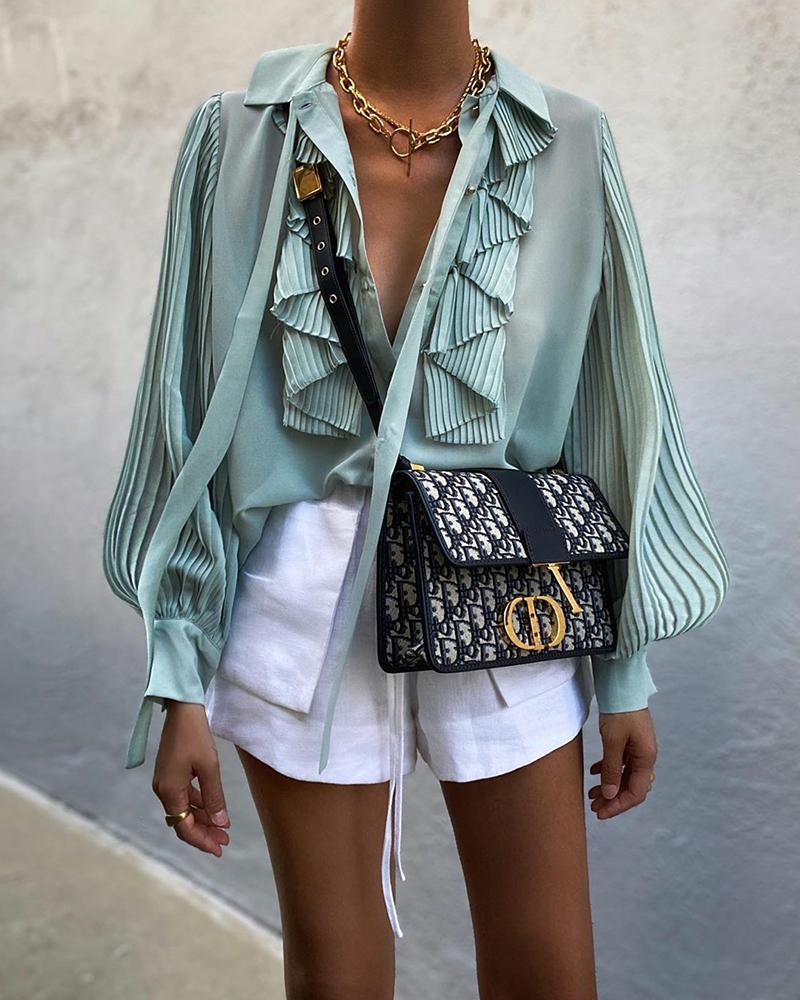 

Lantern Sleeve Ruffle Hem Pleated Blouse, Green