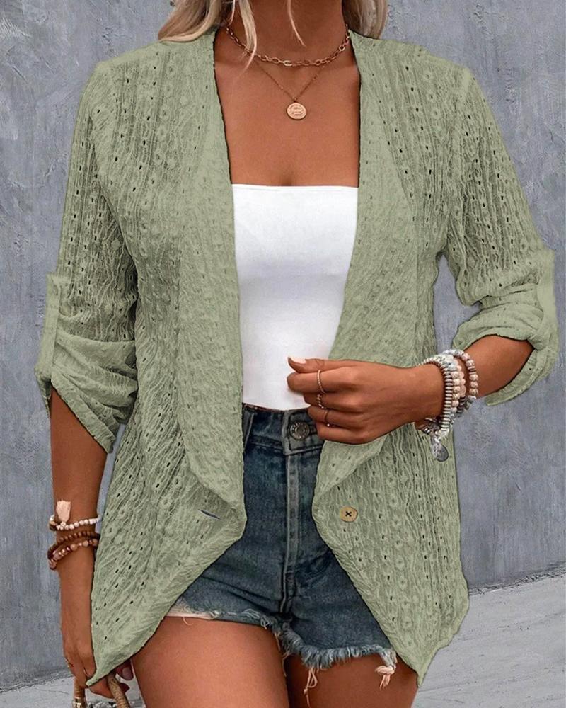 

Plus Size Roll Up Sleeve Eyelet Embroidery Buttoned Coat, Green