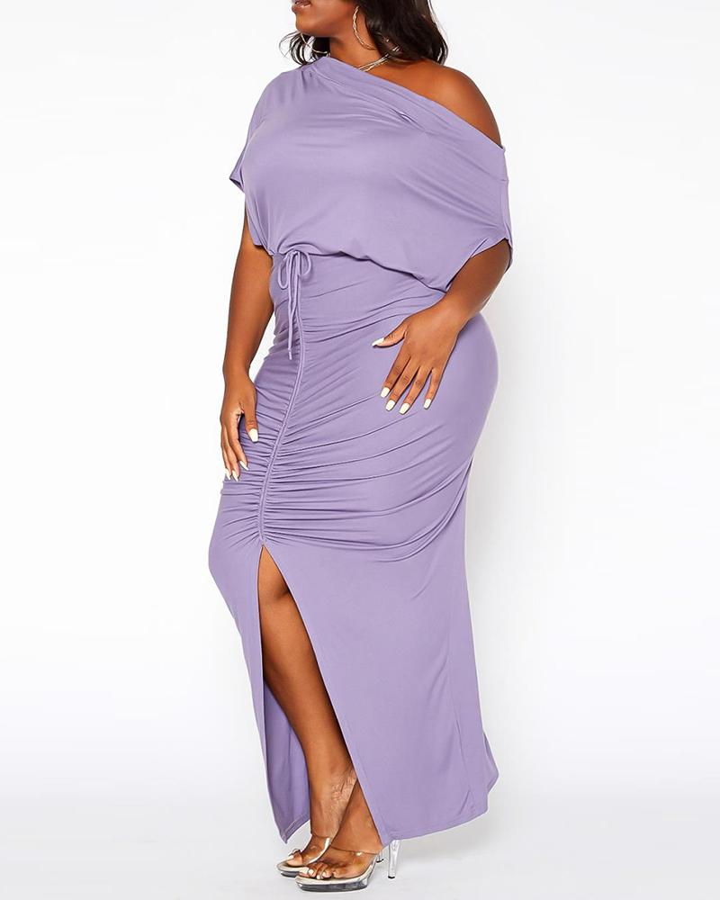 

Plus Size Cold Shoulder Top & Drawstring Slit Skirt Set, Purple