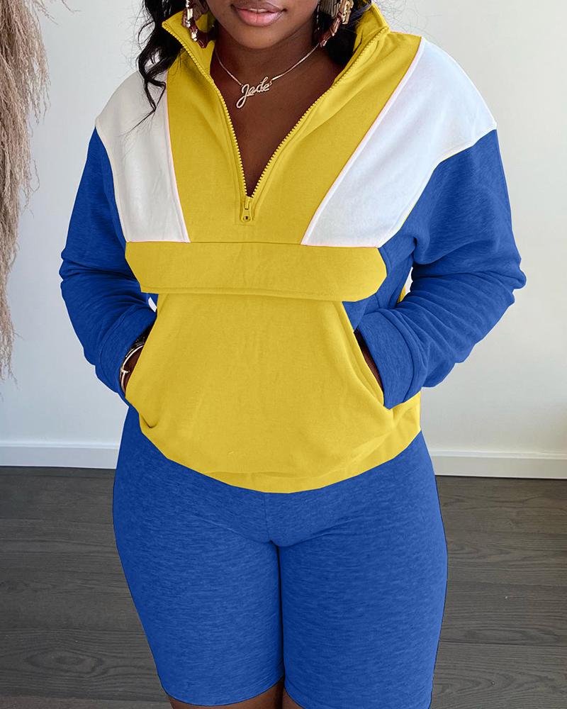 

Colorblock Pocket Design Sweatshirt & High Waist Shorts Set, Blue