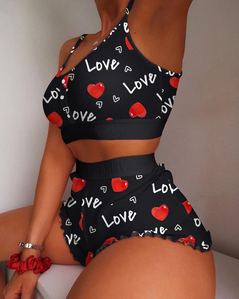 

Heart Letter Print Colorblock Frill Hem Cami Set, Black