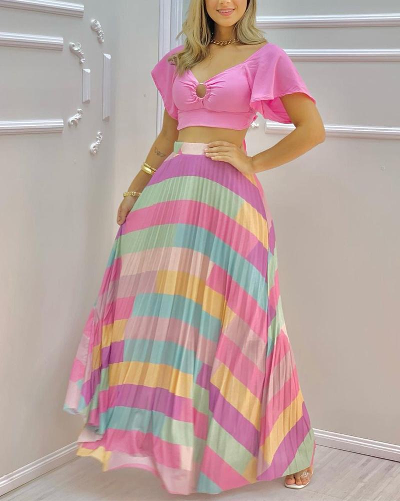 

Plain V-neck Short Sleeve Top & Colorful Maxi Skirt Sets, Multicolor