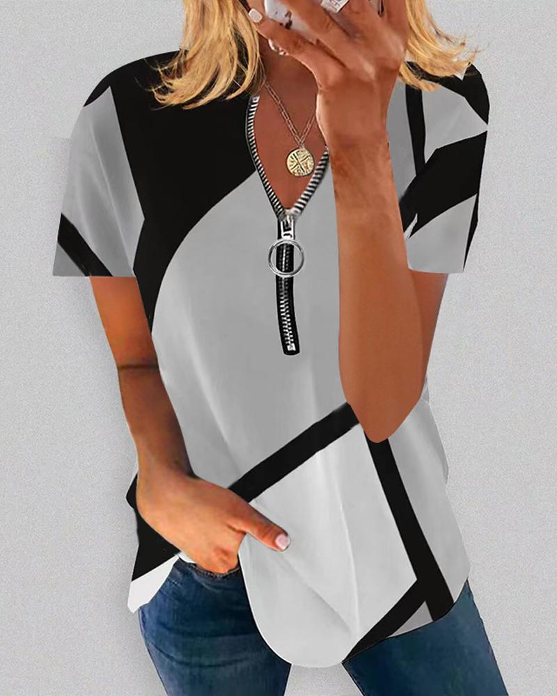 

Geometric Print Zip Front Casual T-shirt, Gray