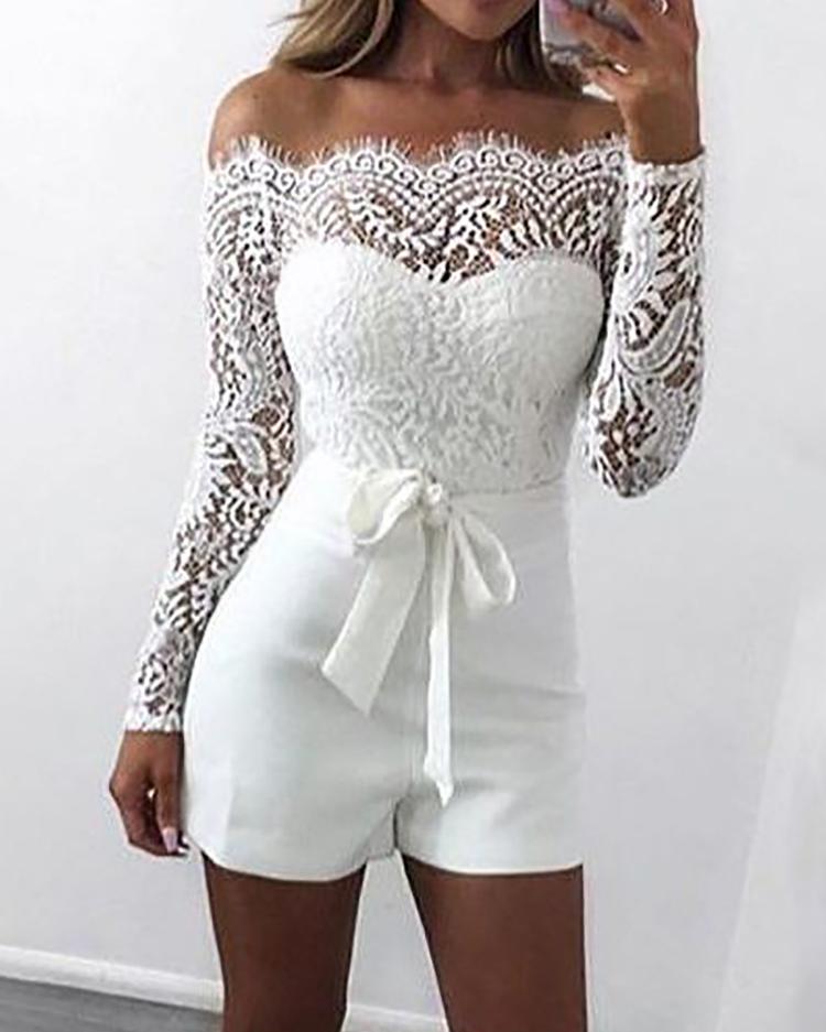 

Off Shoulder Eyelash Lace Patchwork Belted Romper, White