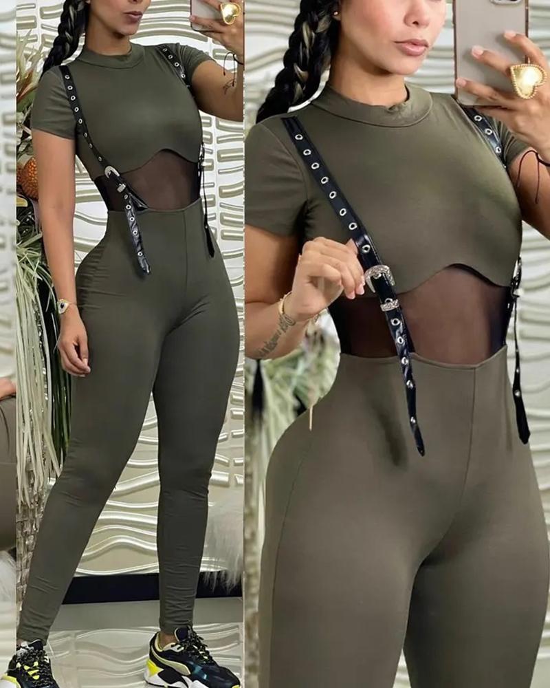 

Short Sleeve Cutout Backless Skinny Jumpsuit, Green