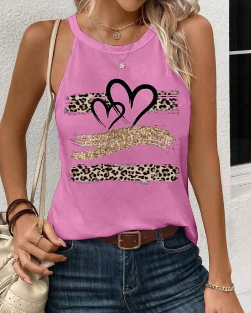 

Leopard Print Heart Pattern Heart Sleeveless Tank Casual Loose Fit Top, Pink