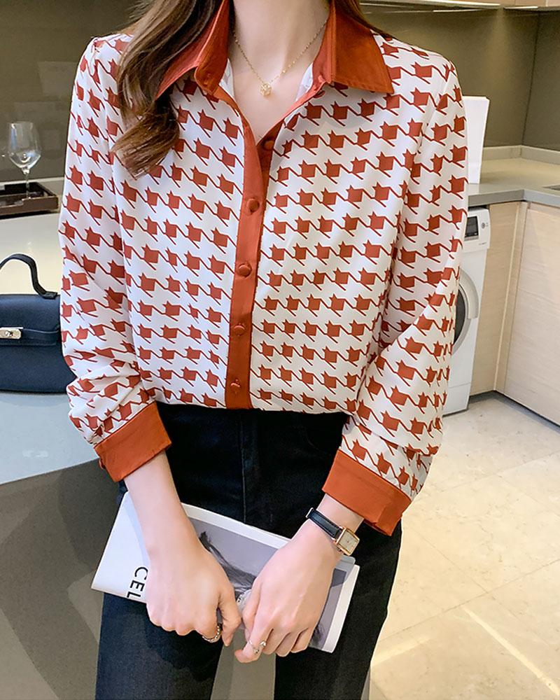 

Houndstooth Print Long Sleeve Button Down Shirt, Orange