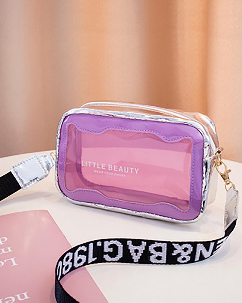 

Colorblock Letter Print Clear Crossbody Bag, Purple