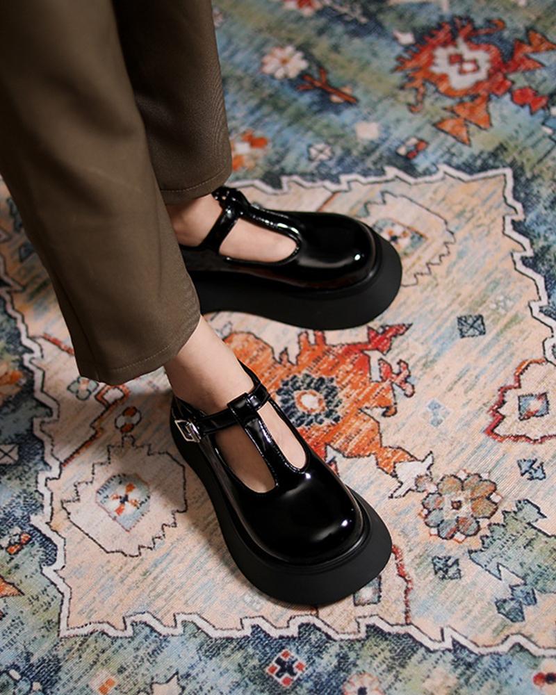 

Round Toe Solid Color PU Leather Platform Shoes, Black