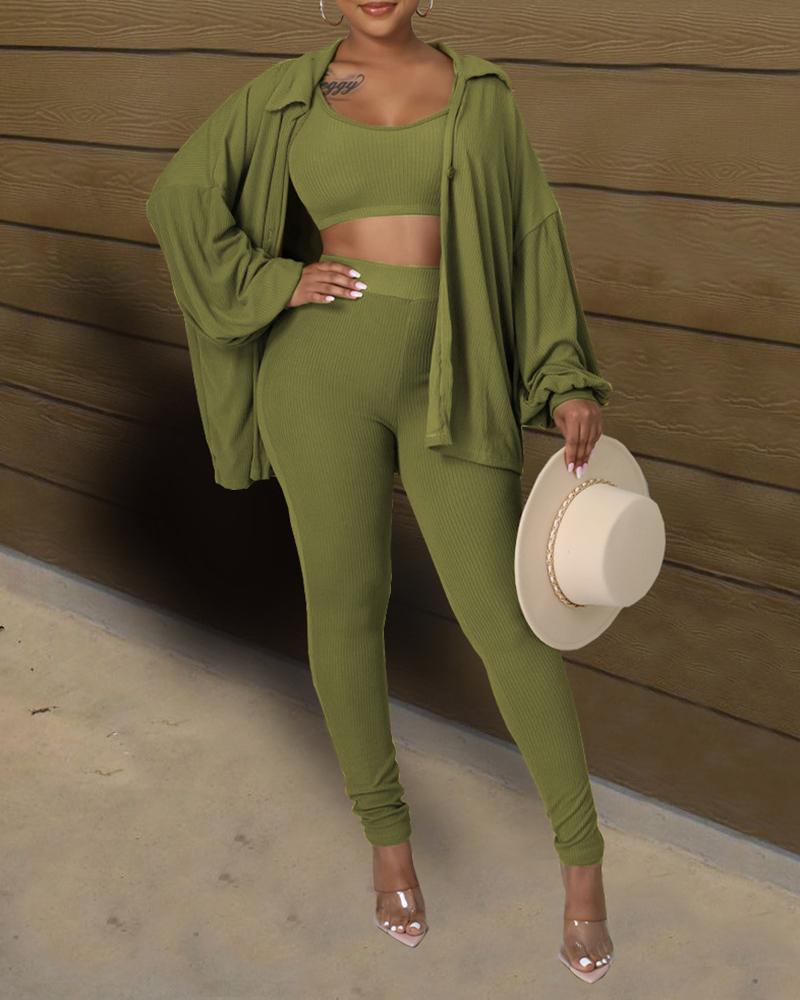 

Ribbed Crop Top & High Waist Pants Set With Lantern Sleeve Coat, Green