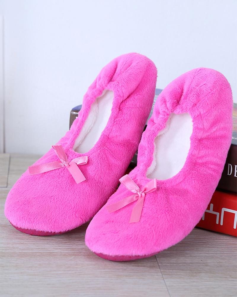 

Bowknot Decor Fuzzy Lined Dance Slip-on Shoes, Hot pink