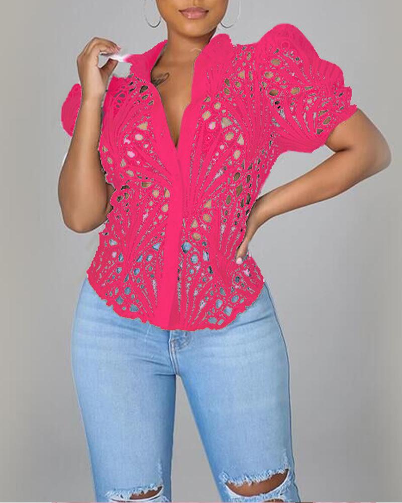 

Eyelet Embroidery Puff Sleeve Button Down Shirt, Hot pink
