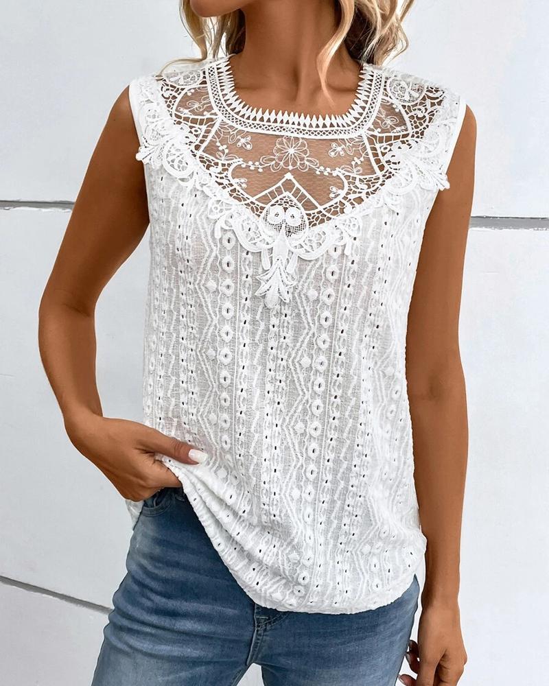 

Guipure Lace Eyelet Embroidery Tank Top, White