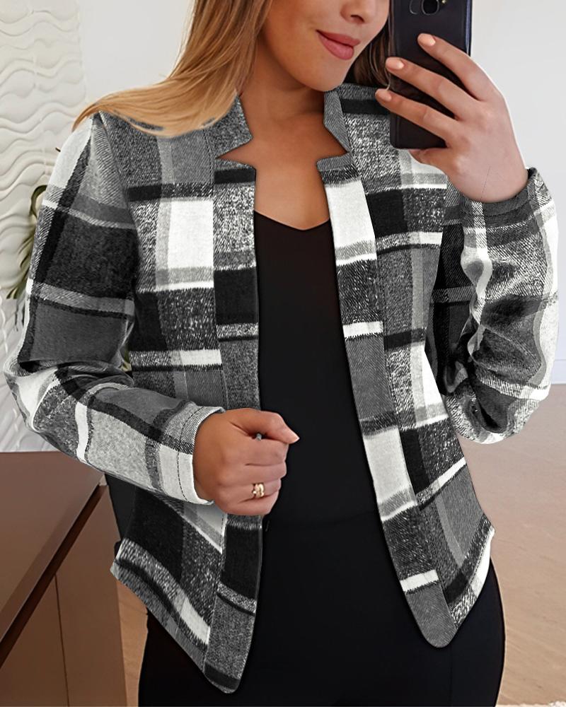 

Plaid Print Long Sleeve Blazer Coat, Black