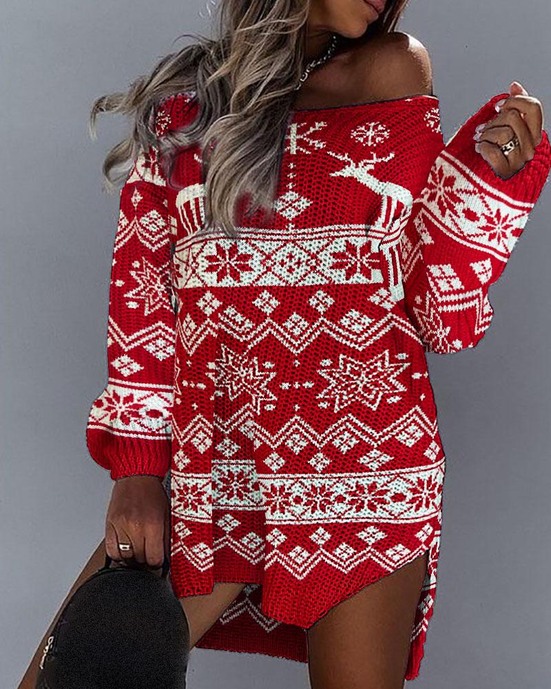 

Christmas Snowflake Elk Pattern High Low Split Hem Sweater Dress, Red