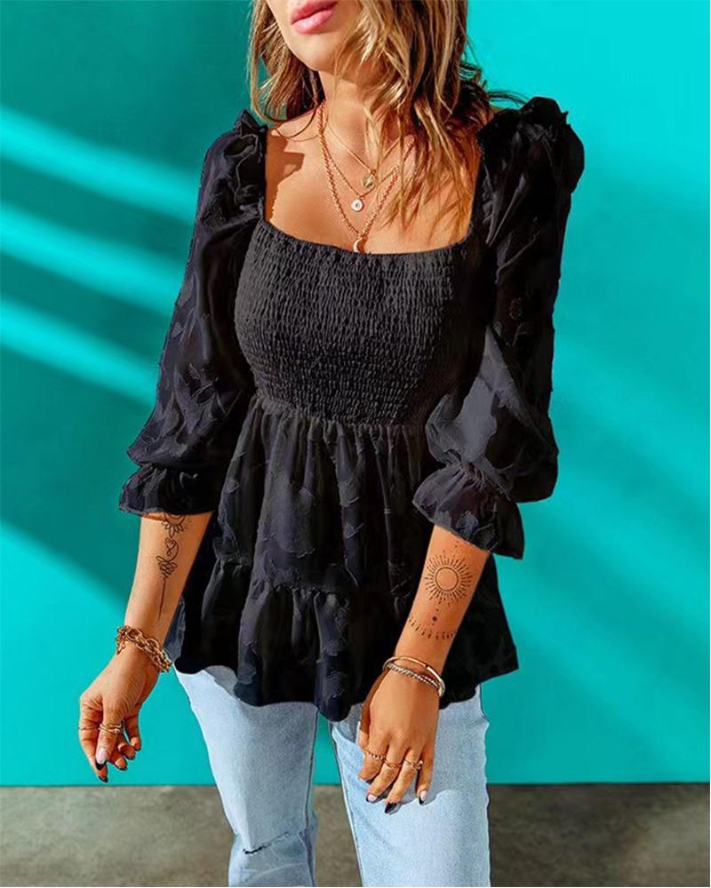 

Puff Lantern Sleeve Shirred Ruffles Top, Black