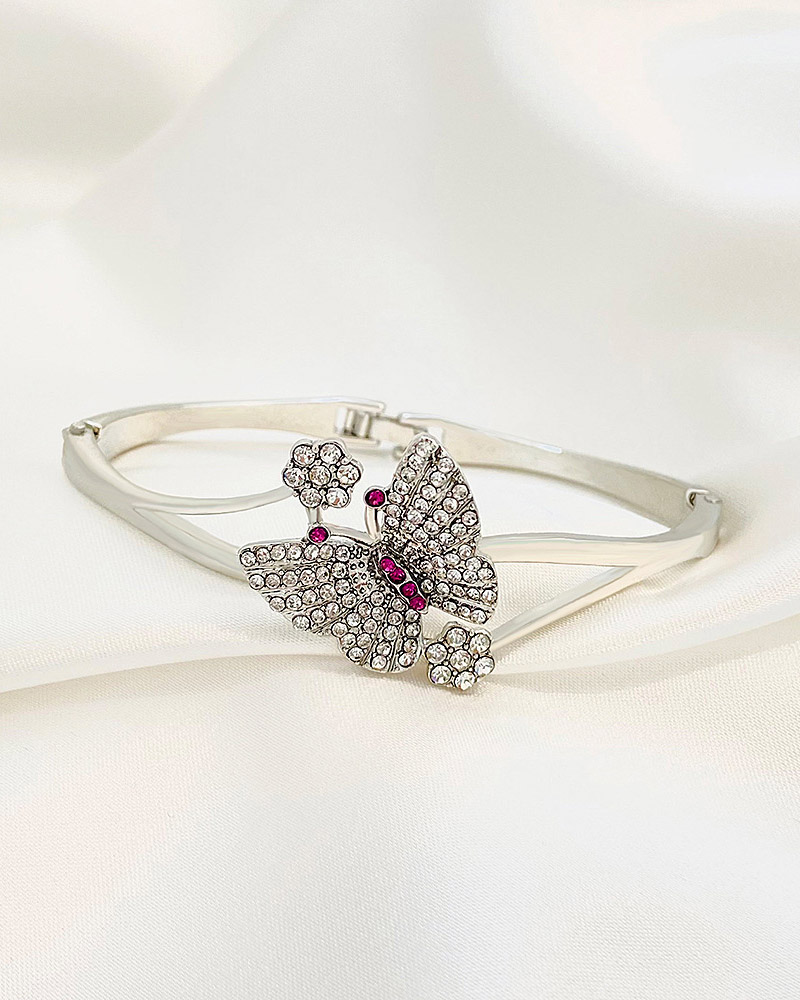 

1pc Rhinestone Butterfly Decor Bracelet, Silver