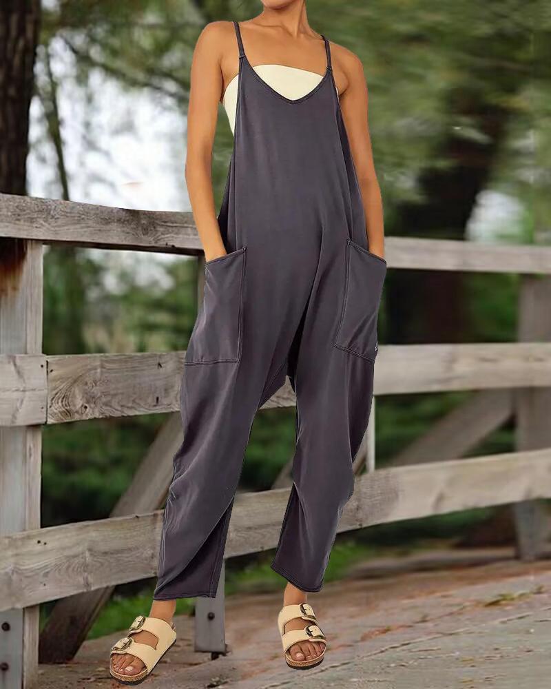 

Pocket Design V-Neck Cami Jumpsuit, Gray