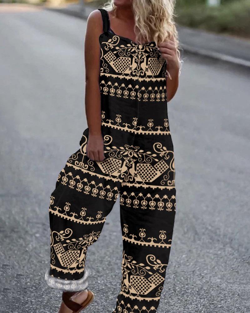 

Vintage Allover Print Wide Leg Suspender Jumpsuit, Black