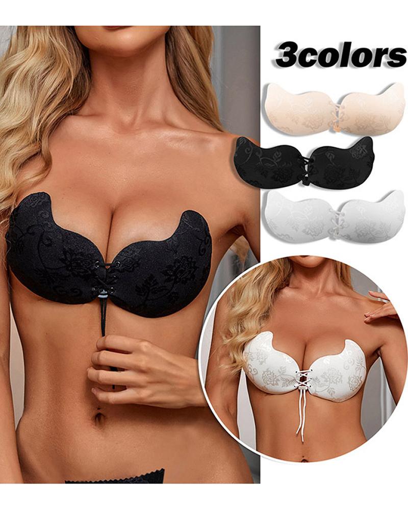 

Floral Pattern Mango Shaped Lace-up Invisible Strapless Bra Petals, Black