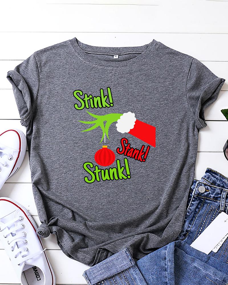 

Christmas Letter Grinch Hand Lantern Print Short Sleeve T-shirt, Gray