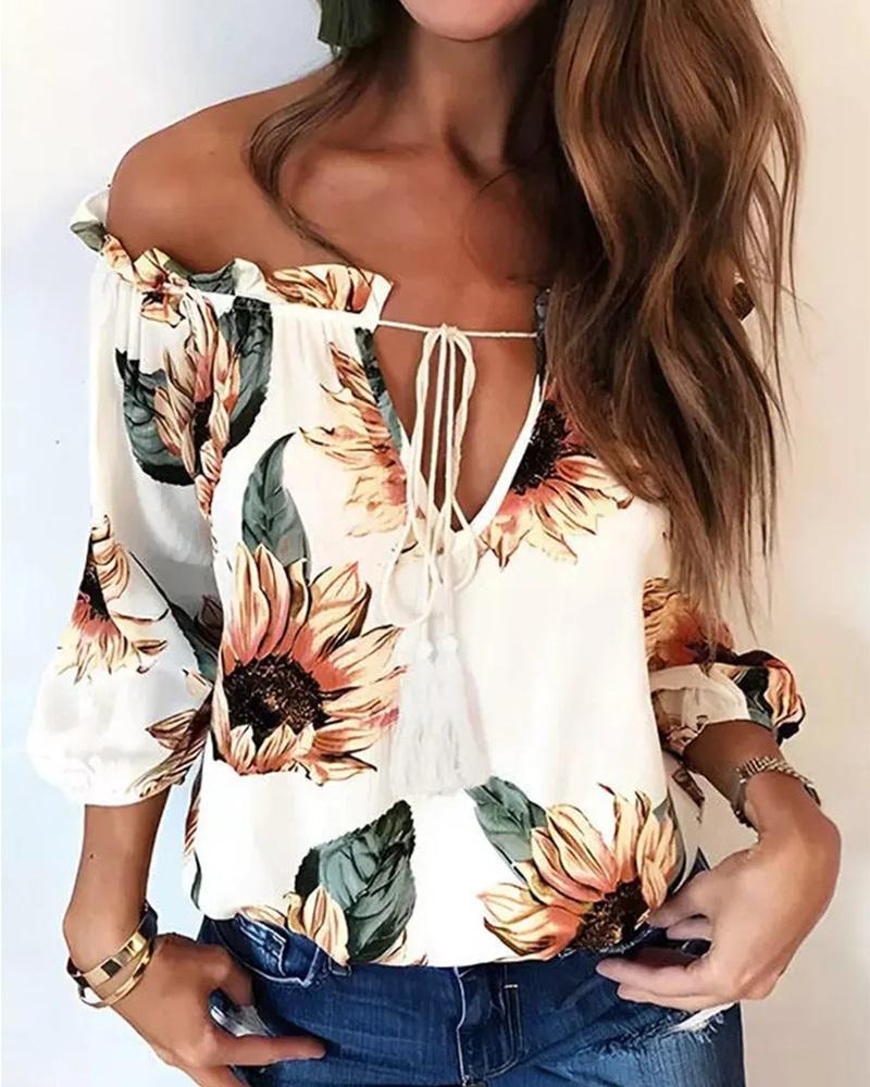 

Sunflower Print Tassel Tied Detail Off Shoulder Top, White