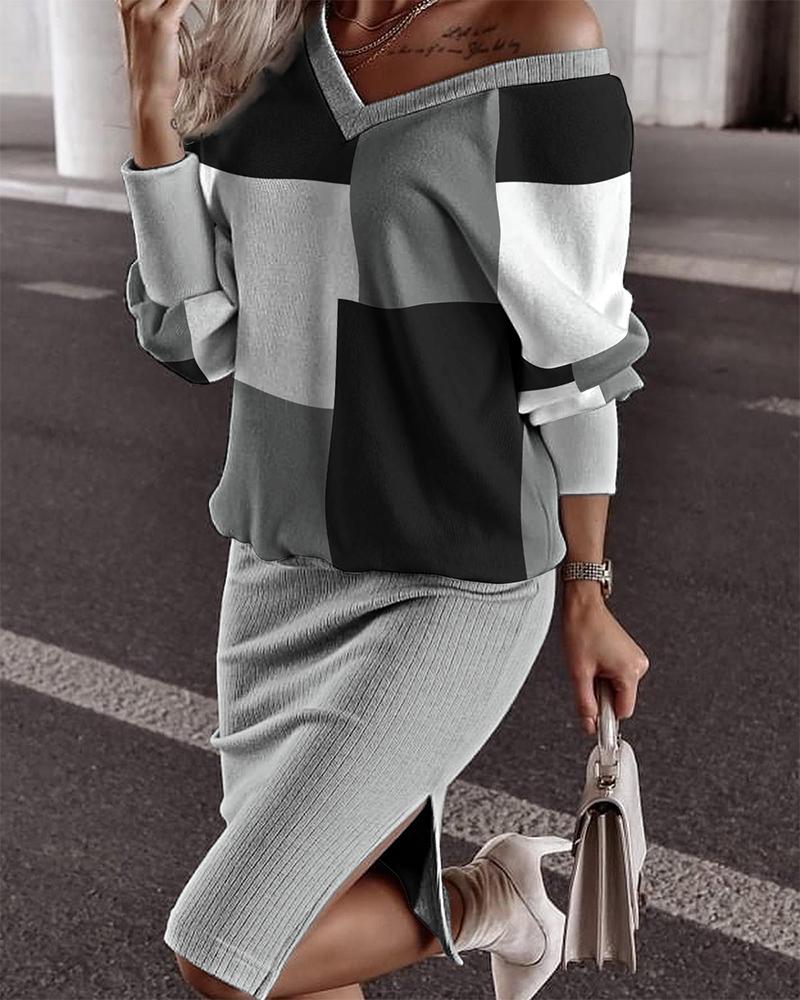 

Geometric Print Long Sleeve Top & Split Hem Skirt Set, Gray