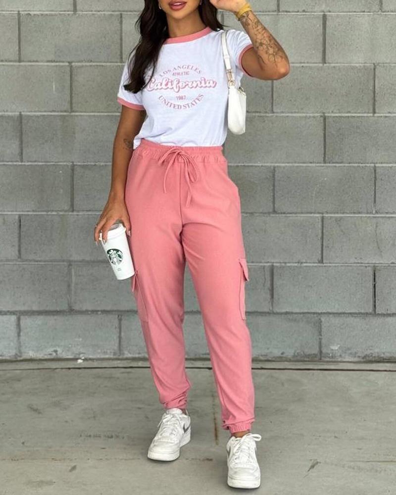 

Letter Print T-Shirt & Drawstring Cuffed Pants Set, Pink