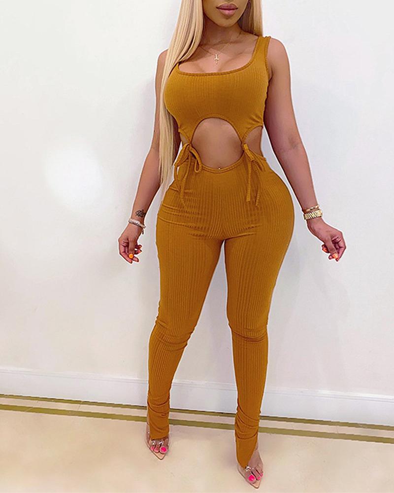 

Rib-knit Cutout Front Drawstring Top & Pants Sets, Brown