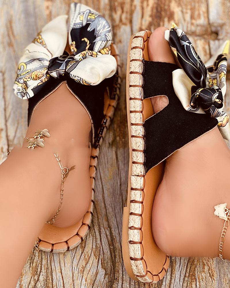 

Round-toe Bow Strap Open-toe Flat Slippers, Black