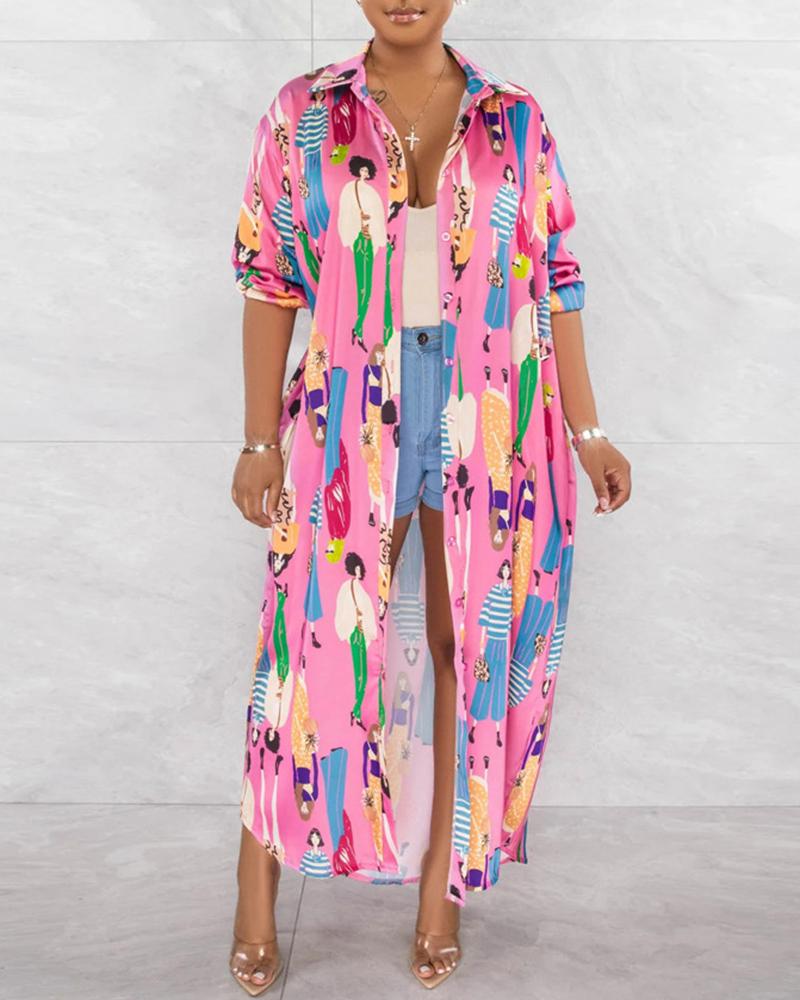 

Cartoon Figure Print Buttoned Shirt Dress, Pink