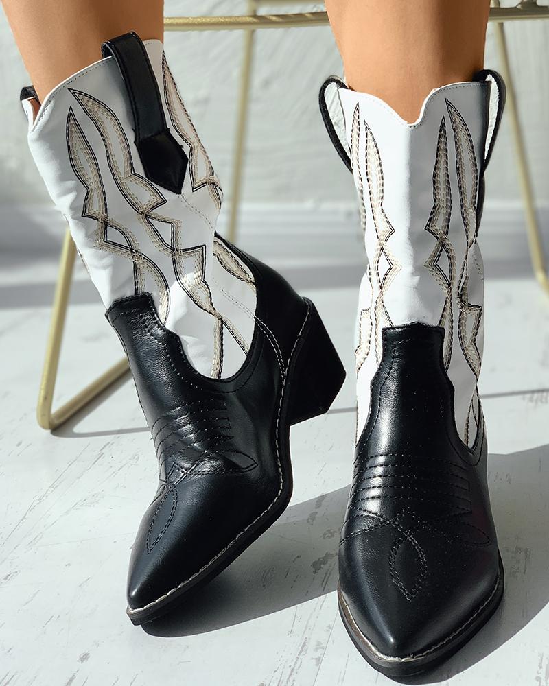 

Pointed Toe Embroidery Chunky Ankle Boots, Blackwhite
