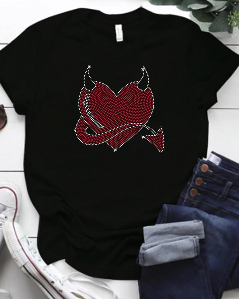 

Christmas Rhinestone Heart Pattern Casual T-shirt, Black