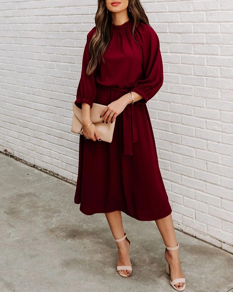 

Lantern Sleeve O Neck Casual Dress With Belt, Wine red