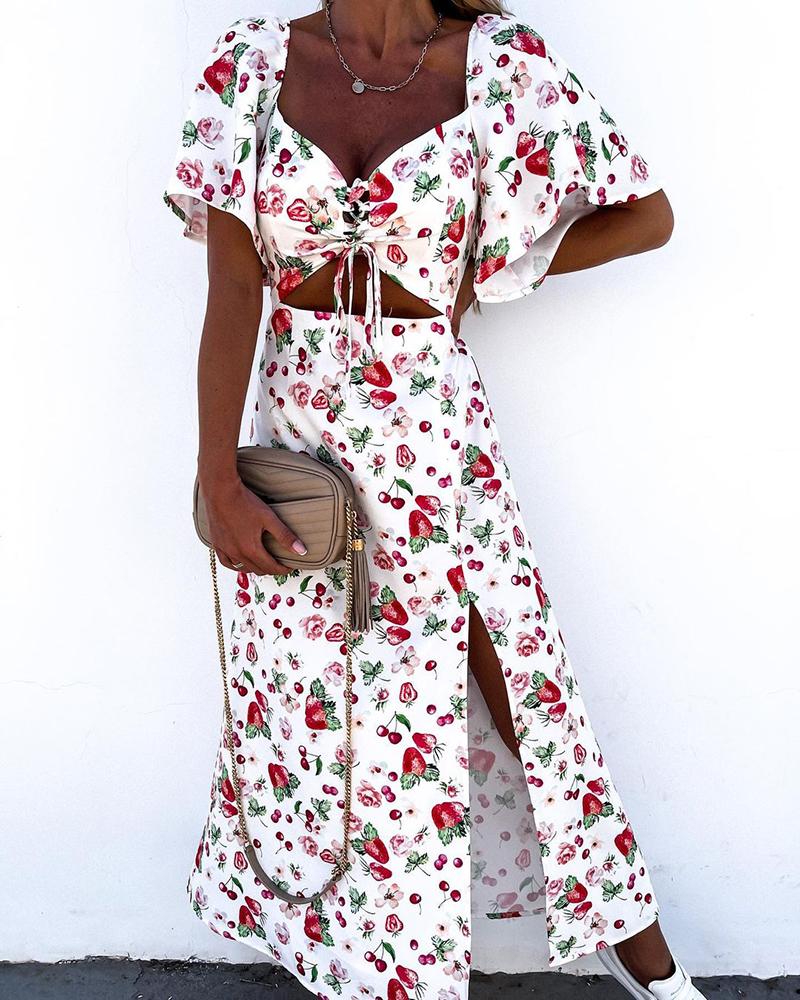 

Strawberry Print Short Sleeve High Slit Maxi Dress, White