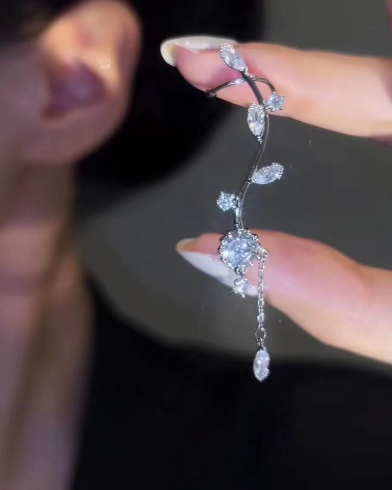 

1pc Rhinestone Vine Floral Pattern Tassel Ear Clip, Silver