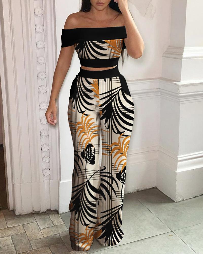 

Tropical Print Off Shoulder Top & High Waist Pants Set, Multicolor